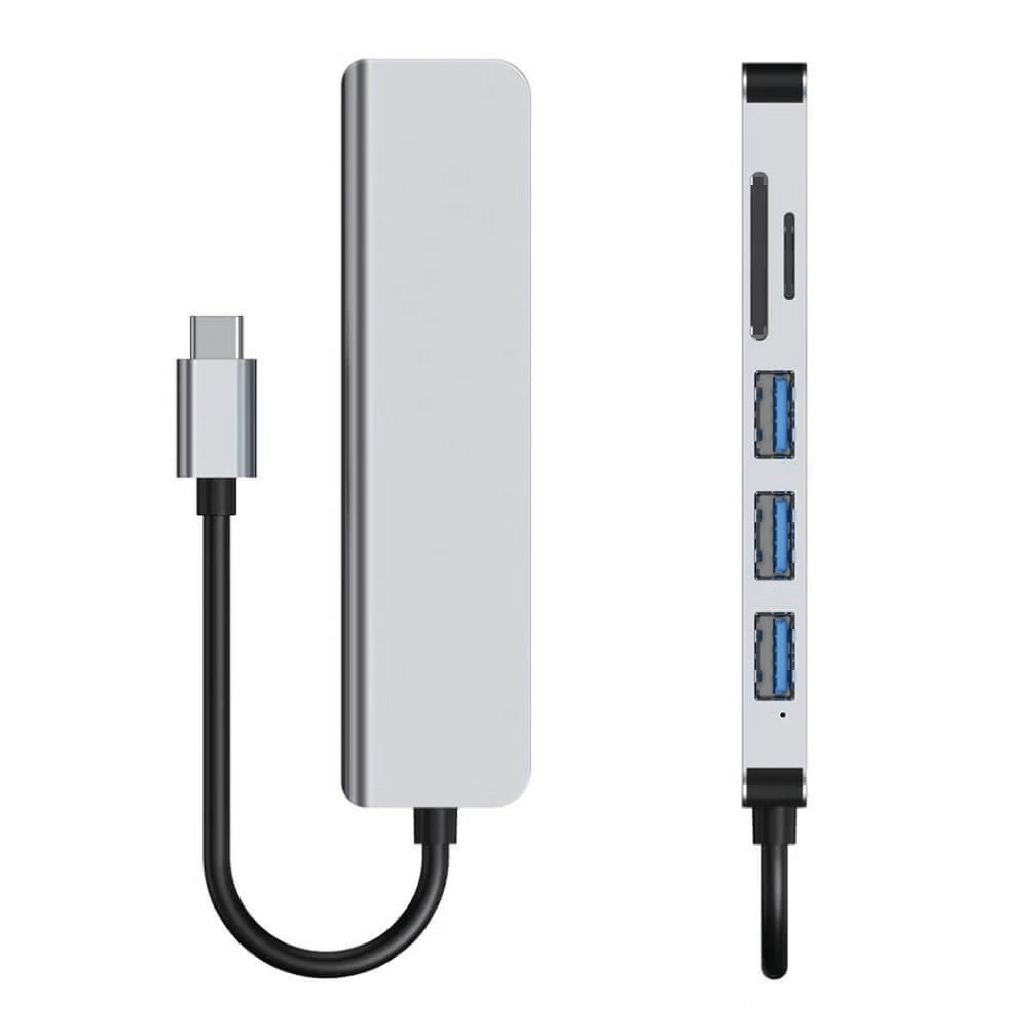 hub adaptador USB-C 6 puertos en diseño compacto y elegante con conectividad avanzada y múltiples puertos.