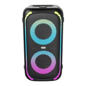 Torre de sonido JVC 150W con diseño moderno y luces LED coloridas, ideal para disfrutar de una excelente calidad de audio.