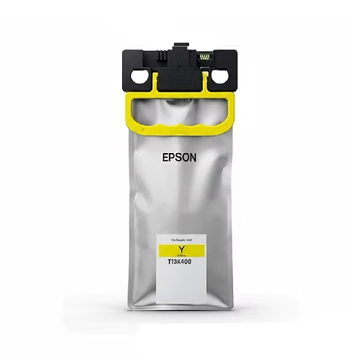 Epson bolsa de tinta preta T13K alta capacidad amarillo T13K400, tinta Epson alta capacidad T13K400 en fondo blanco.