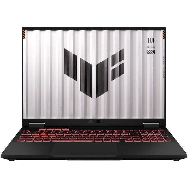 Laptop gaming ASUS R9-8940HX con diseño TUF y teclado retroiluminado rojo.