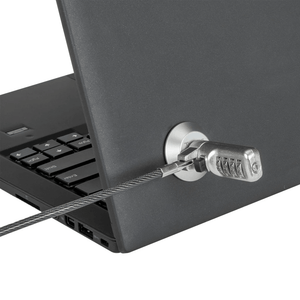 Adaptador de ranura para bloqueo de tableta asegurando un dispositivo a una superficie.
