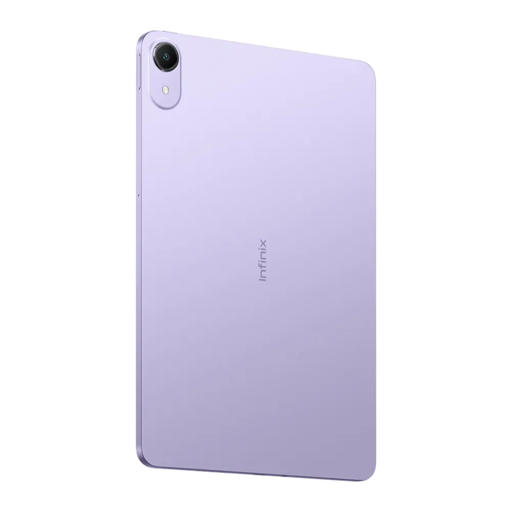 tablet Infinix Xpad 30E LTE en color Dreamy Purple, vista trasera mostrando su diseño elegante y cámara.