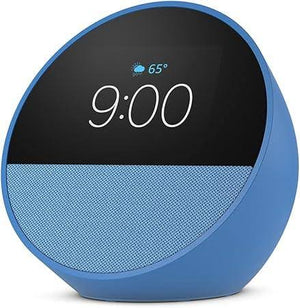 AMAZON ECHO SPOT 2024 AZUL smart alarm clock with Alexa and compact customizable screen displaying time and weather.