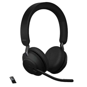 headset inalámbrico Jabra Evolve2 65 en color negro con micrófono y adaptador, ideal para productividad.