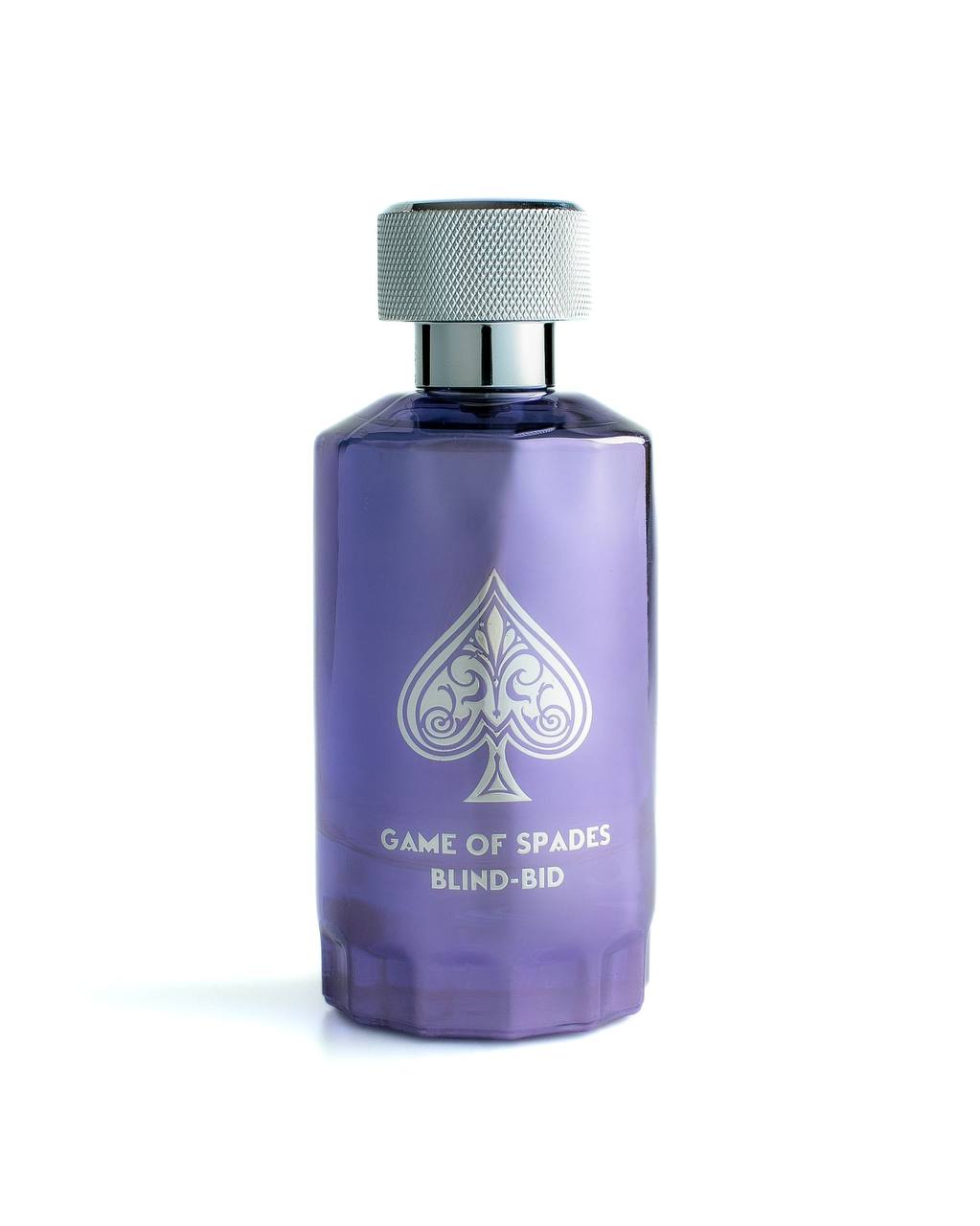 JO MILANO GAME OF SPADES BLIND perfume bottle with purple design and spade emblem