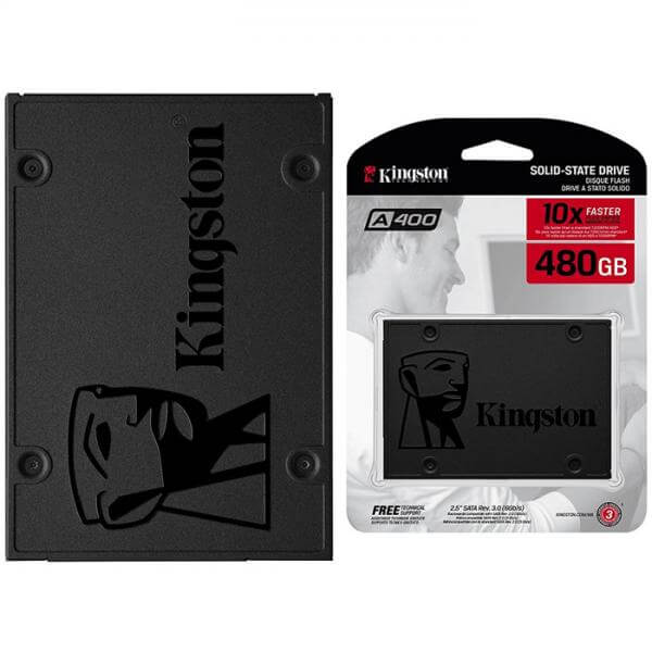 SSD 480GB KINGSTON A400 2.5" SATA product photo showing drive and retail packaging