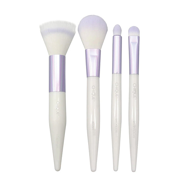 Kit Brochas Glam Girl 4Pcs set of four white and lilac makeup brushes for face and eyes