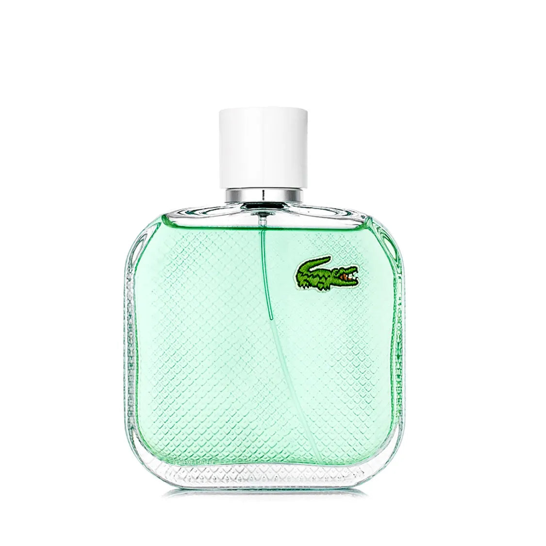 LACOSTE L1212 BLANC FRAICHE 100 ML perfume bottle with green liquid and white cap on a white background.