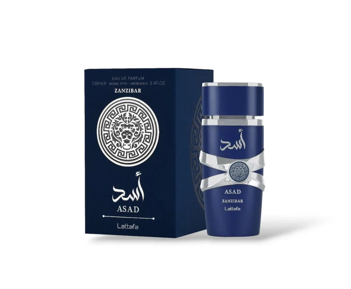 LATAFFA ASAD ZANZIBAR EDP 100ML perfume bottle and box on display.