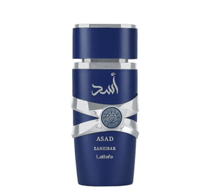 LATAFFA ASAD ZANZIBAR LIMITED EDITION 100ML EDP H perfume bottle in blue and silver design