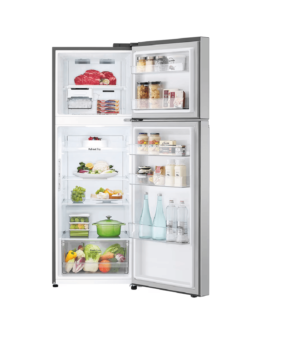 Refrigerador LG top freezer plata VT34BPP, con alimentos frescos y organización interna.