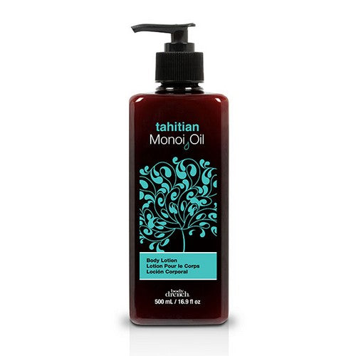 Locion Corp Tahitian Monoi Oil bottle body lotion with turquoise floral design and pump