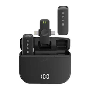 Micrófono solapa inalámbrico 2.4G con estuche de carga y pantalla LED, ideal para grabaciones en vivo.