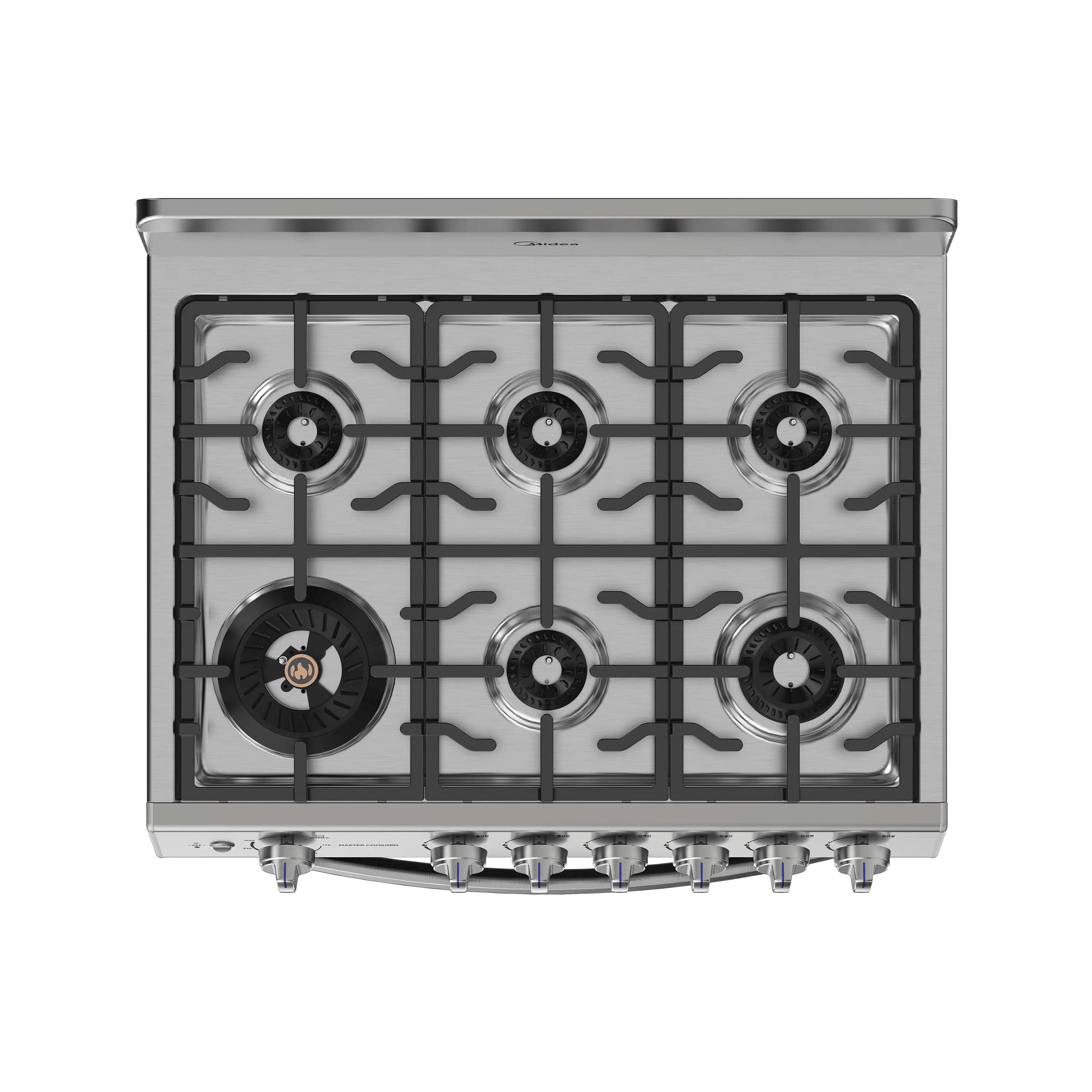Midea Cocina De gas de 30" 6 quemadores Plateado MGS30FS1BIABGF-CA con cubierta de acero inoxidable y parrillas de hierro fundido