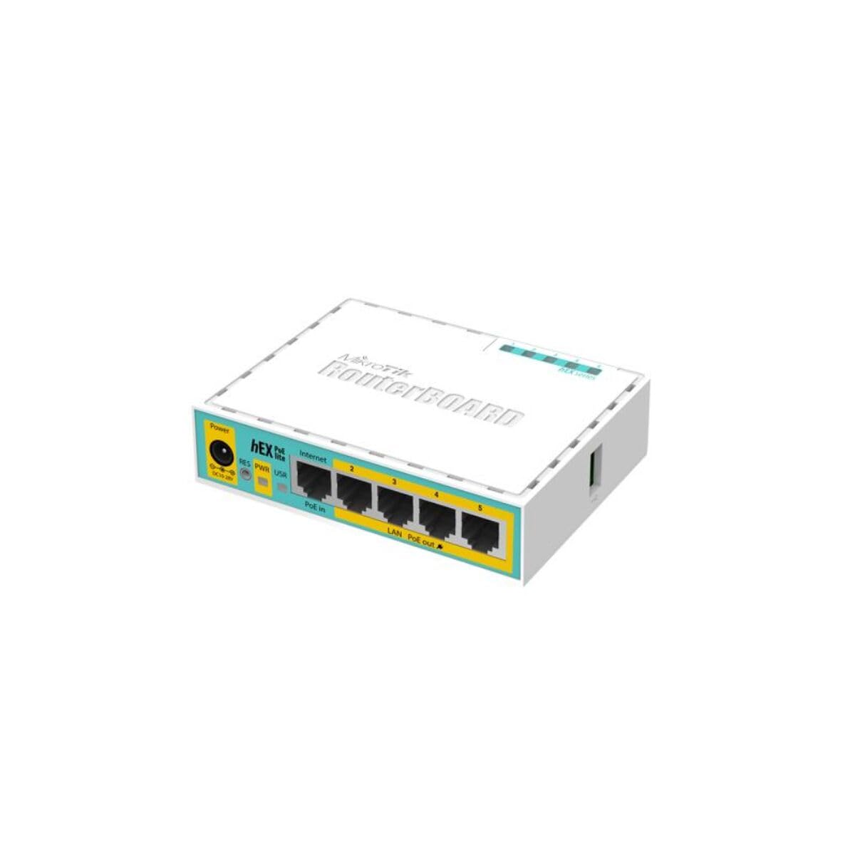 hEX PoE LITE) RouterBoard, 5 Puertos Fast Ethernet, 4 con PoE Pasivo, 1 Puerto USB - vista frontal del enrutador blanco con 5 puertos y USB