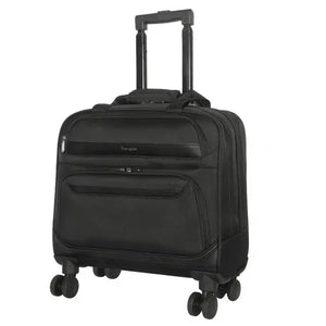 Mochila con ruedas para laptop, diseño negro, con cuatro ruedas multidireccionales y mango telescópico.
