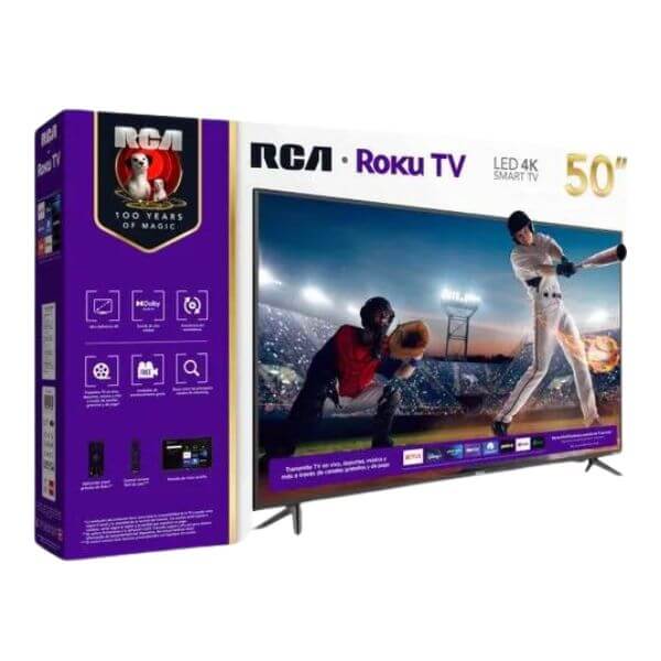 Pantalla RCA 50" UHD 4K con Roku TV, modelo RC50RK en su empaque original.