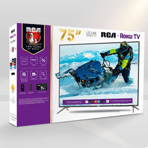 Caja de Pantalla RCA Roku 75 pulgadas 4K con diseño atractivo y visualización de alta definición.