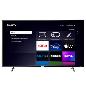 Pantalla RCA Roku 4K 86 pulgadas mostrando la interfaz de Roku TV con múltiples aplicaciones de streaming.