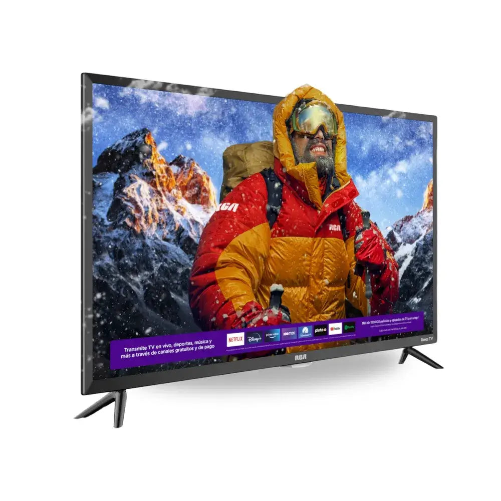 Pantalla Roku TV RCA de 32 pulgadas con imagen de paisajes montañosos y usuario en abrigo.