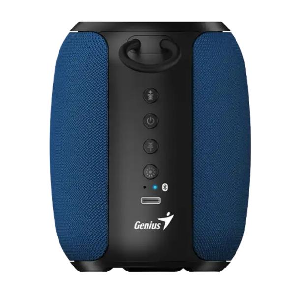 PARLANTE GENIUS SP-915BT 5W BLUETOOTH / USB-C 31730052402 portable blue speaker front view with control buttons and Genius logo