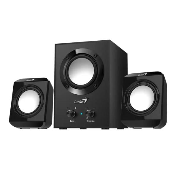 PARLANTE GENIUS SW-2.1 300 10W CABLEADO 3.5MM 31730035401 - conjunto de parlantes negros con subwoofer y control de volumen