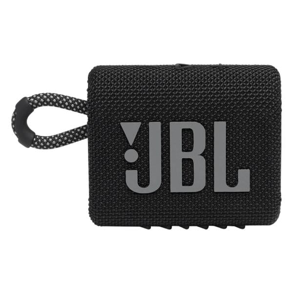 PARLANTE JBL GO 3 4W BLUETOOTH A PRUEBA DE AGUA JBLGO3BLKAM - parlante portátil negro con logo JBL y correa de transporte