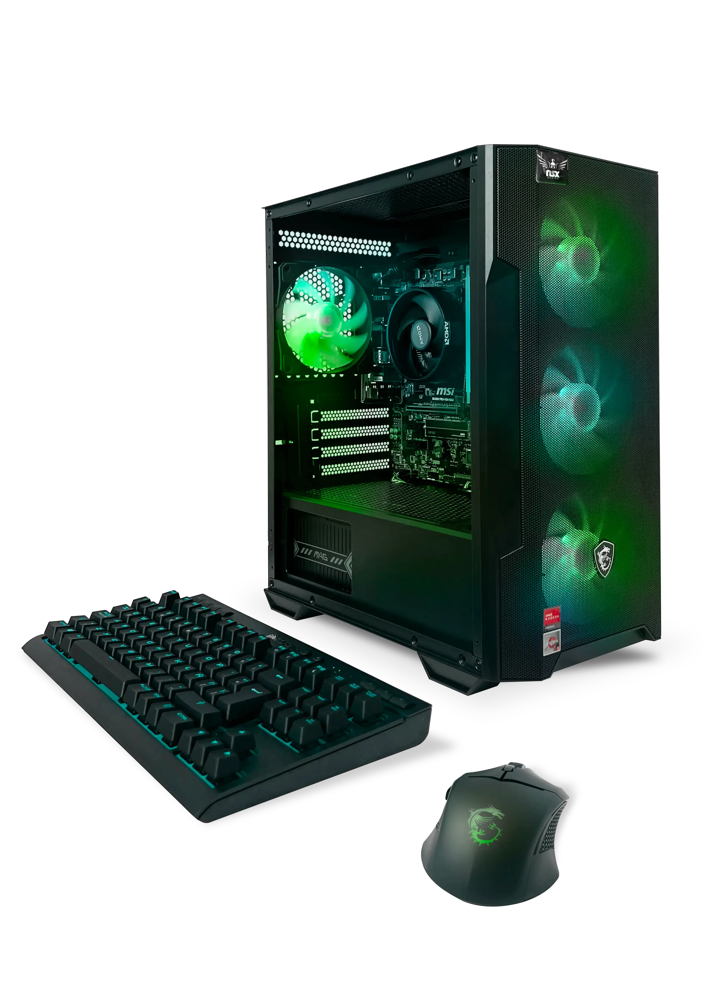 PC NSX GAM. R5 5600G 16G SSD 512 FREE OS gaming desktop with RGB fans, MSI MAG FORGE M100A case, keyboard and mouse, 16GB DDR4, 512GB NVMe SSD