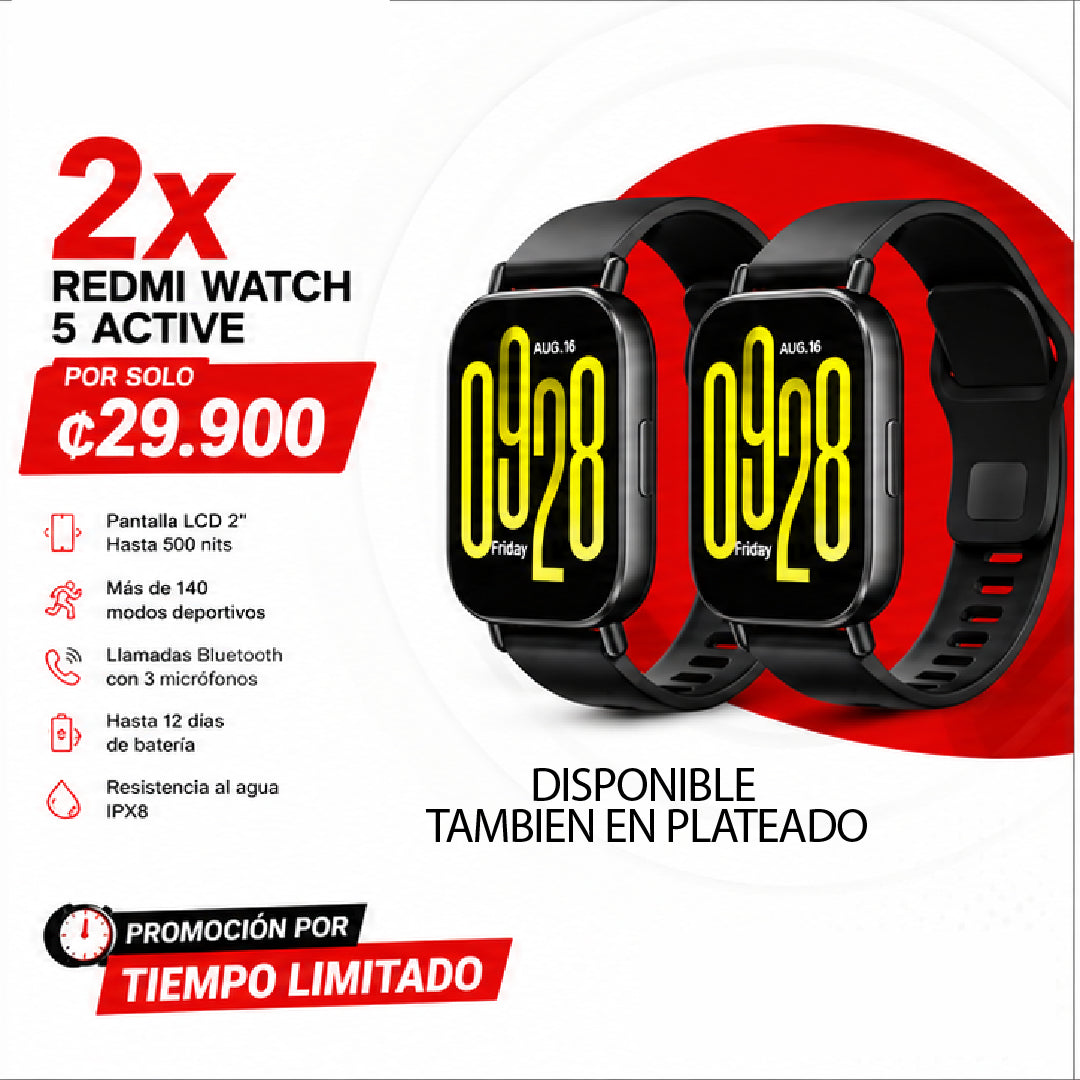 Promoción 2 Reloj Inteligente Redmi Watch 5 Active con oferta limitada y especificaciones destacadas, imagen de dos relojes.