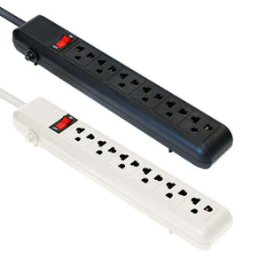 Regleta de 6 tomacorrientes, modelos negro y blanco, con interruptor y conexión a tierra.
