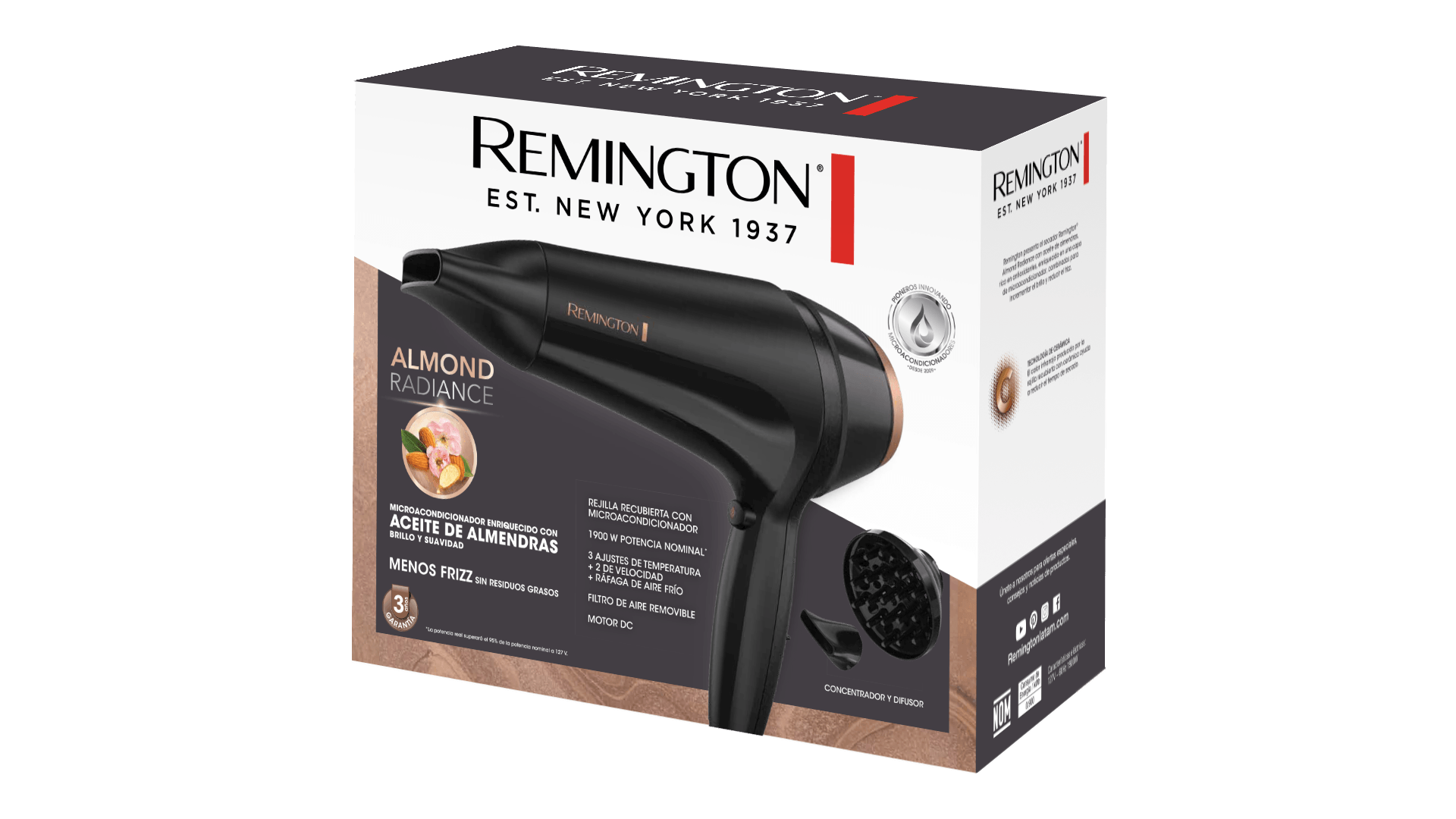 Secadora de cabello Remington D12AA-110F con aceite de almendras, original y entregas en 24 a 48 horas.
