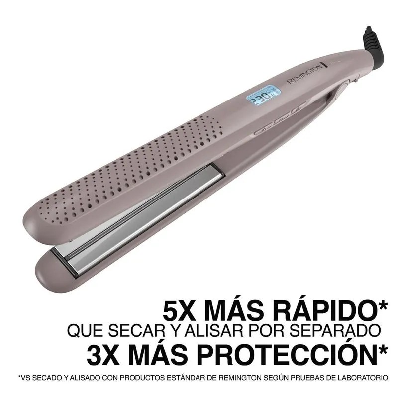 Remington alisadora humedo y seco con sensor S27A (110) F mostrando pantalla digital y características de velocidad y protección.