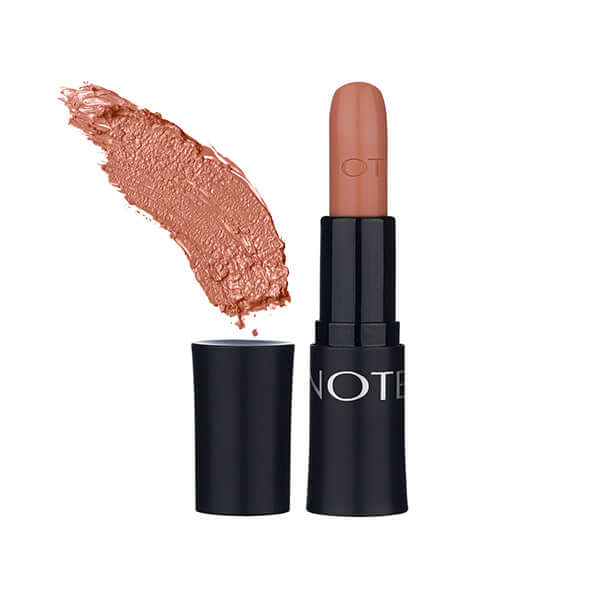 RICH COLOR LIPSTICK 06 shade swatch and open black tube lipstick on white background