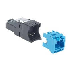 Conector RJ45 Cat6A UTP negro y azul, ideal para conexiones de red de alto rendimiento.