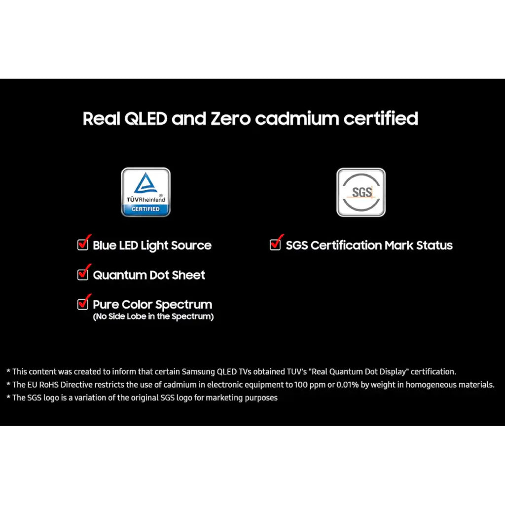 Certificación de QLED real y sin cadmio, con verificación de fuente de luz LED azul y espectro de color puro.