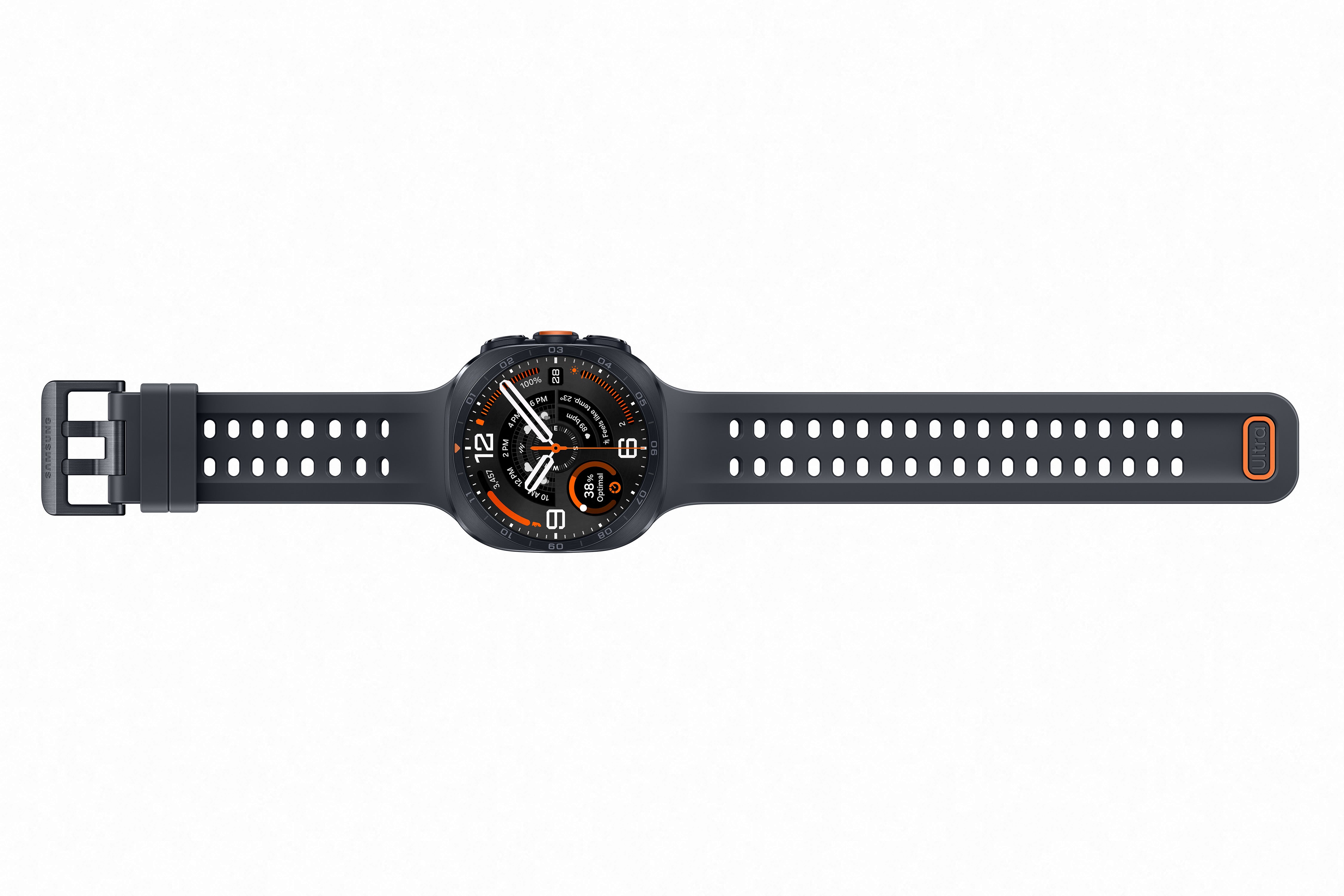 Reloj inteligente Galaxy Watch Ultra 2 Samsung con correa negra y detalles naranjas, diseñado para rendimiento y resistencia.