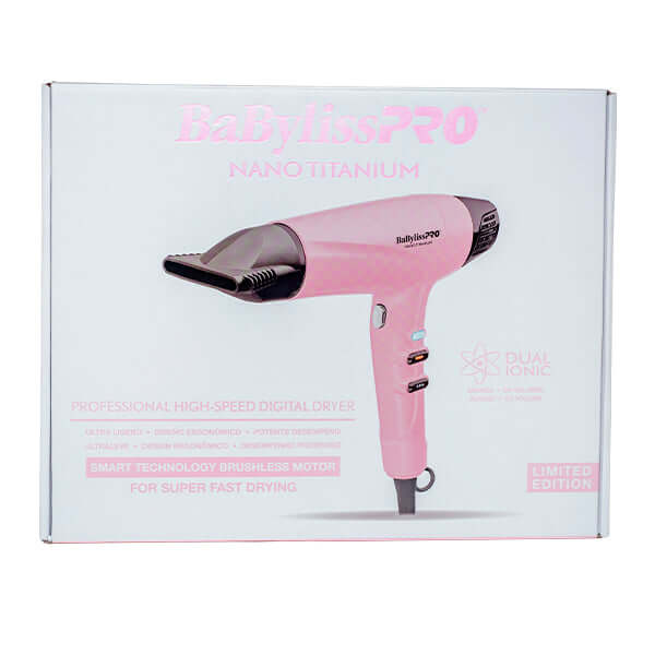 Secadora rápida rosa BabylissPRO Nano Titanium en caja, secadora digital profesional para secado rápido.