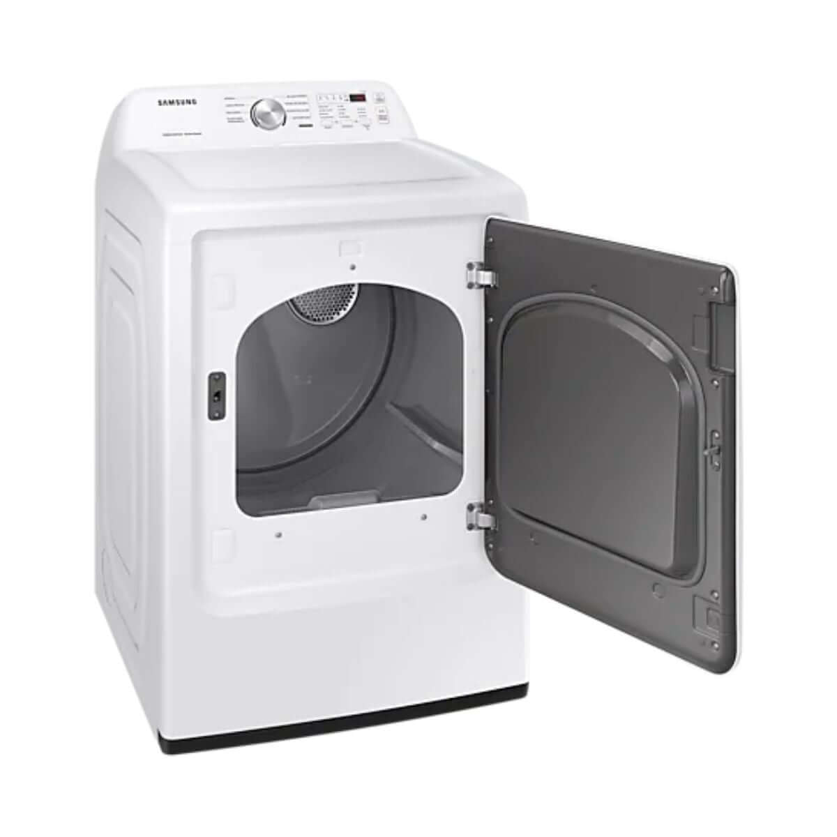 Secadora a gas Samsung 20 kg carga frontal en color blanco con puerta abierta, ideal para secar prendas.