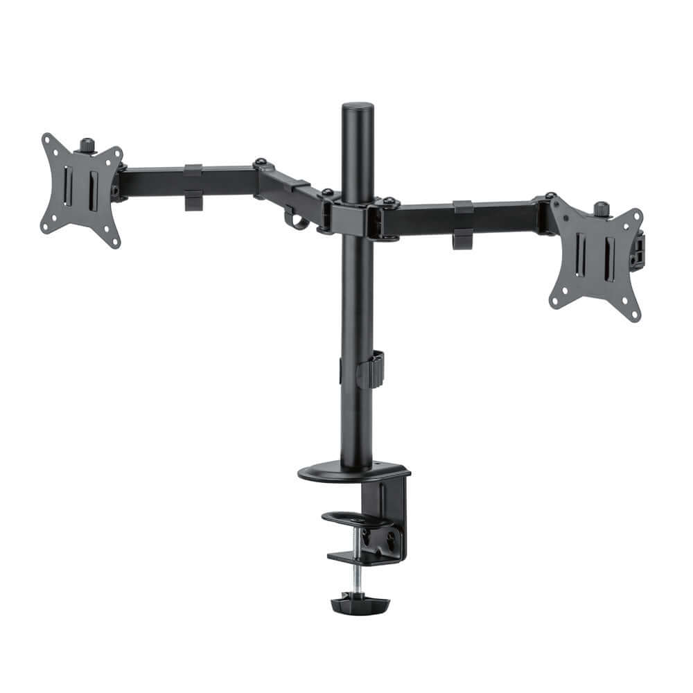 Soporte de escritorio para dos monitores de 32" con abrazadera, ideal para optimizar espacio y ergonomía.