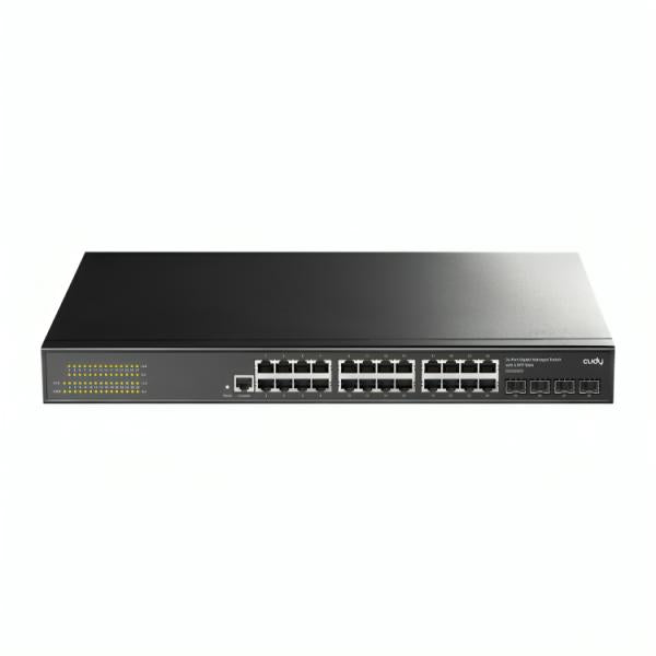 SWITCH CUDY GS2024S2 1.0 PUERTOS 24 × GBE/ 4 × SFP DE 1,25 G 1 GBPS ADMINISTRABLE DE CAPA 2 - frontal del switch negro con 24 puertos Gigabit y 4 SFP