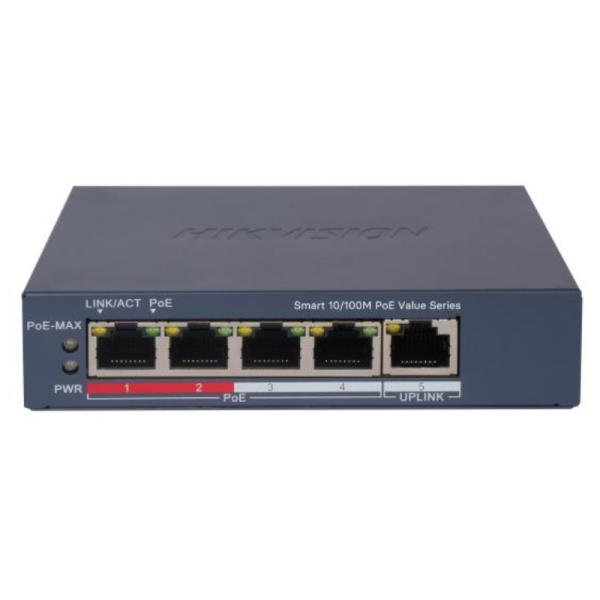 SWITCH HIKVISION DS-3E1105P-EI/M(O-STD)V2 (E) 5 PUERTOS (4 POE + 1 RJ45) 10 / 100 MBPS SMART MANAGED 301802981 switch front view PoE ports