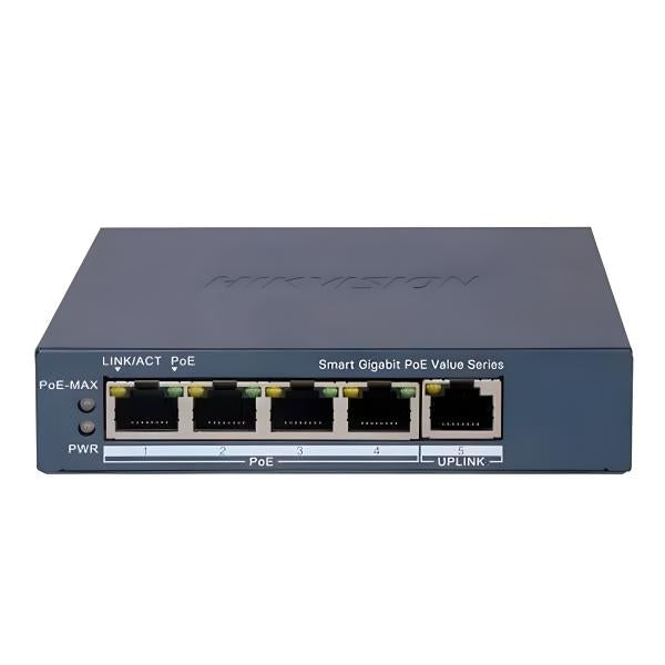 SWITCH HIKVISION 4 PUERTOS SMART POE DS-3E1505P-EI/M(O-STD) 301802989 front view showing 4 PoE ports and 1 uplink RJ45