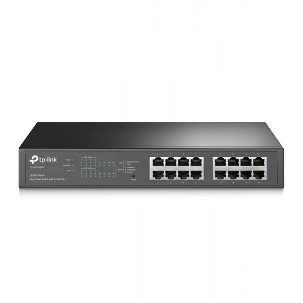 SWITCH TP LINK 16 PUERTOS SMART POE TL-SG1016PE front view showing 16 Ethernet PoE ports and status LEDs
