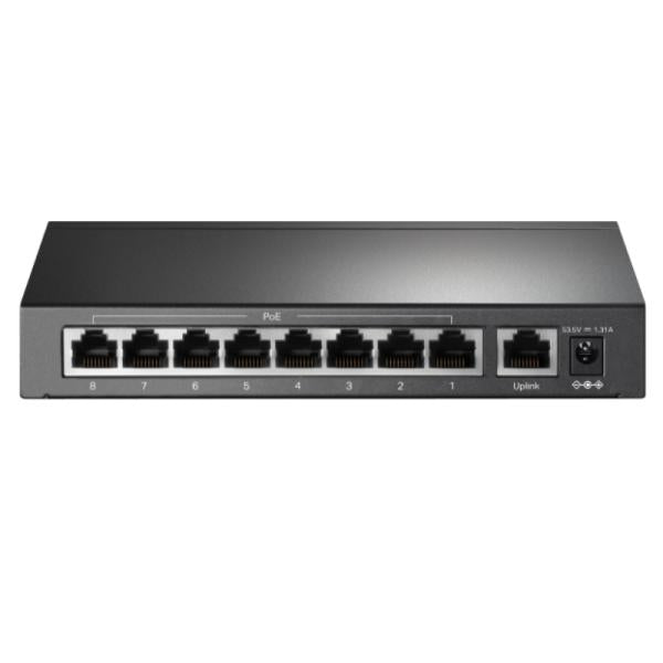 SWITCH TP LINK TL-SF1009P(UN) 9 PUERTOS RJ45 POE+ 10/100 MBPS NO ADMINISTRABLE frontal view showing nine RJ45 ports and power jack