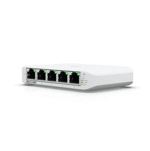 Switch UniFi FLEX 5 puertos PoE, con 1 puerto PoE de entrada y 4 puertos PoE de salida, ideal para redes empresariales.