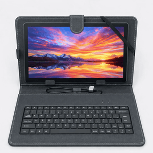 Tablet RCA Android 4G LTE 10 pulgadas con teclado y pantalla brillante, ideal para trabajo y entretenimiento.