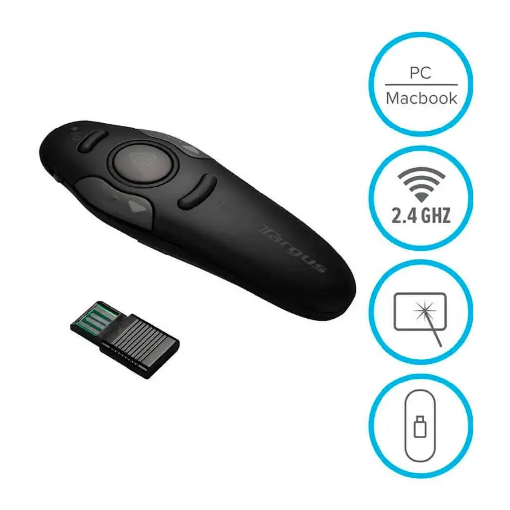 Puntero láser inalámbrico Targus con receptor USB, ideal para presentaciones y reuniones empresariales.