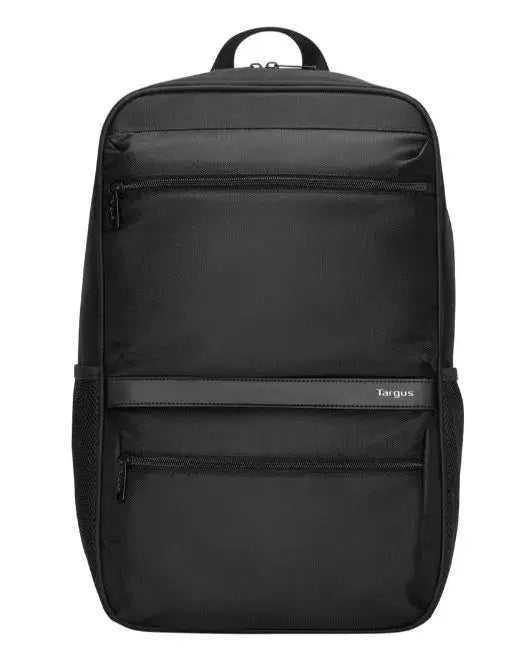 Mochila Targus Safire Advance negra vista frontal con bolsillos y diseño elegante.