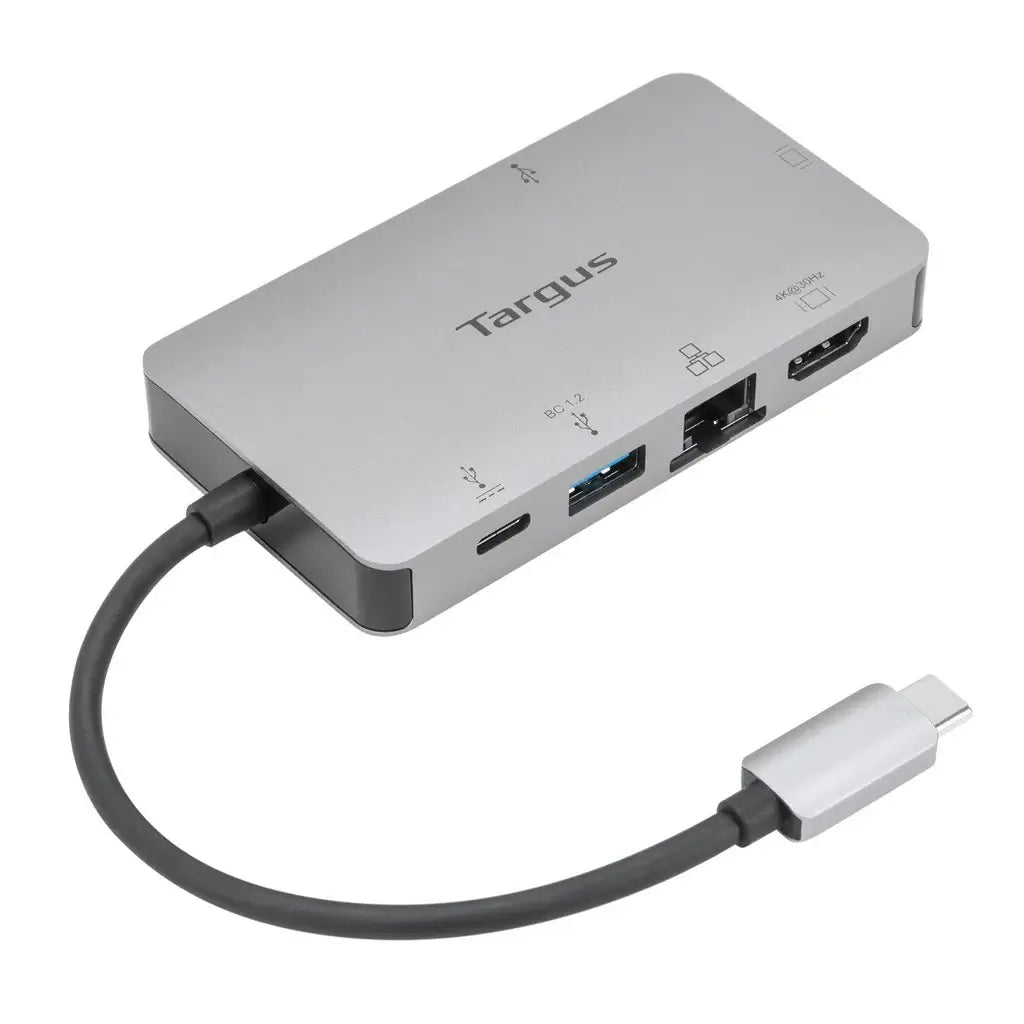 Docking station USB-C HDMI VGA Targus en color plata con múltiples puertos y conexión USB-C.