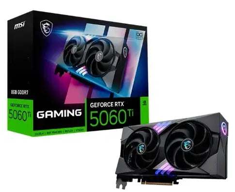 Tarjeta gráfica RTX 5060 con diseño moderno y ventiladores, ideal para gaming de alto rendimiento.